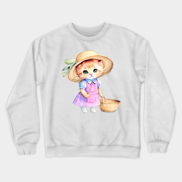 Cute kitten in pink gingham dress and straw hat children’s illustration I Crewneck Sweatshirt by SophieClimaArt